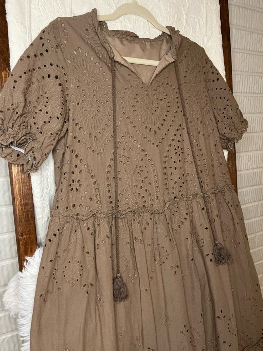 Boho Taupe Eyelet Tiered Midi Dress with Tassel Ties – Size Large - Picture 2 of 4